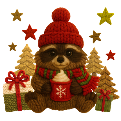 Christmas cocoa crochet-look character DTF transfer design XMAS1482-29. Flat printed textile transfer, not an actual toy or crochet item.
