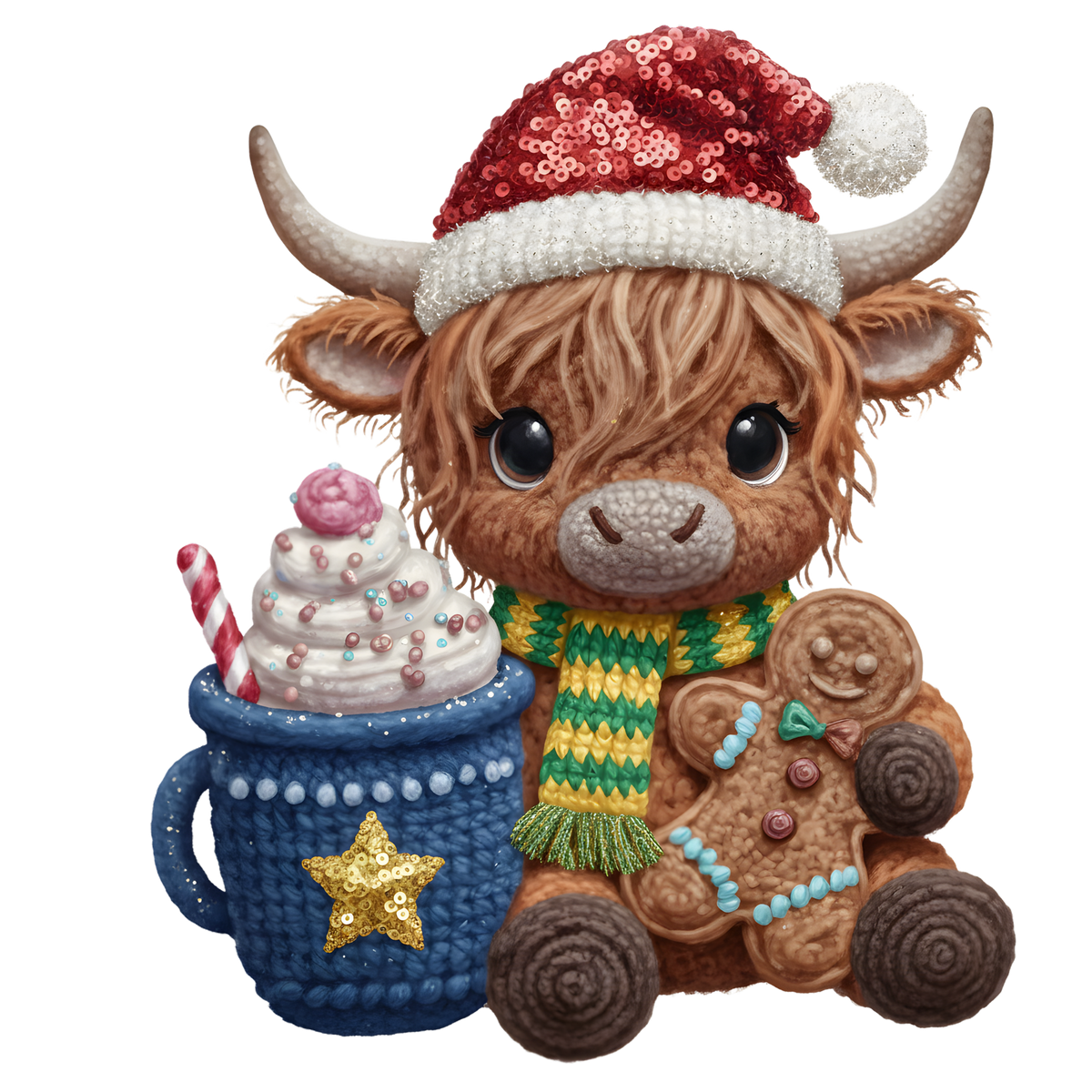 Christmas cocoa crochet-look character DTF transfer design XMAS1482-3. Flat printed textile transfer, not an actual toy or crochet item.