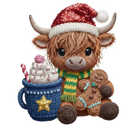 Christmas cocoa crochet-look character DTF transfer design XMAS1482-3. Flat printed textile transfer, not an actual toy or crochet item.