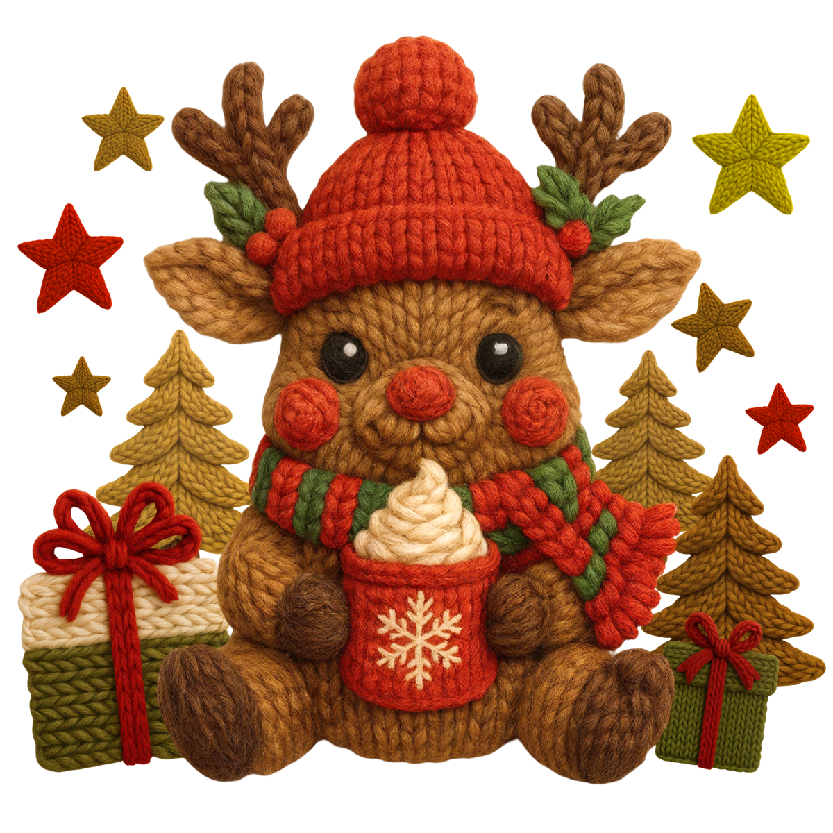Christmas cocoa crochet-look character DTF transfer design XMAS1482-30. Flat printed textile transfer, not an actual toy or crochet item.