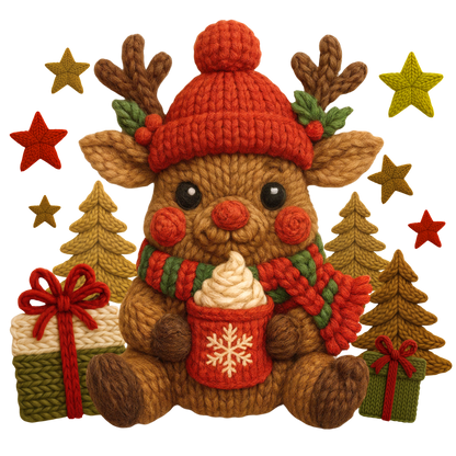 Christmas cocoa crochet-look character DTF transfer design XMAS1482-30. Flat printed textile transfer, not an actual toy or crochet item.