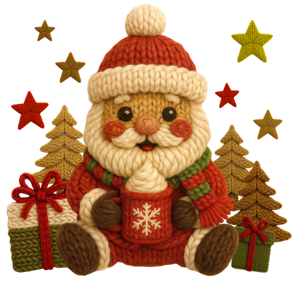 Christmas cocoa crochet-look character DTF transfer design XMAS1482-31. Flat printed textile transfer, not an actual toy or crochet item.