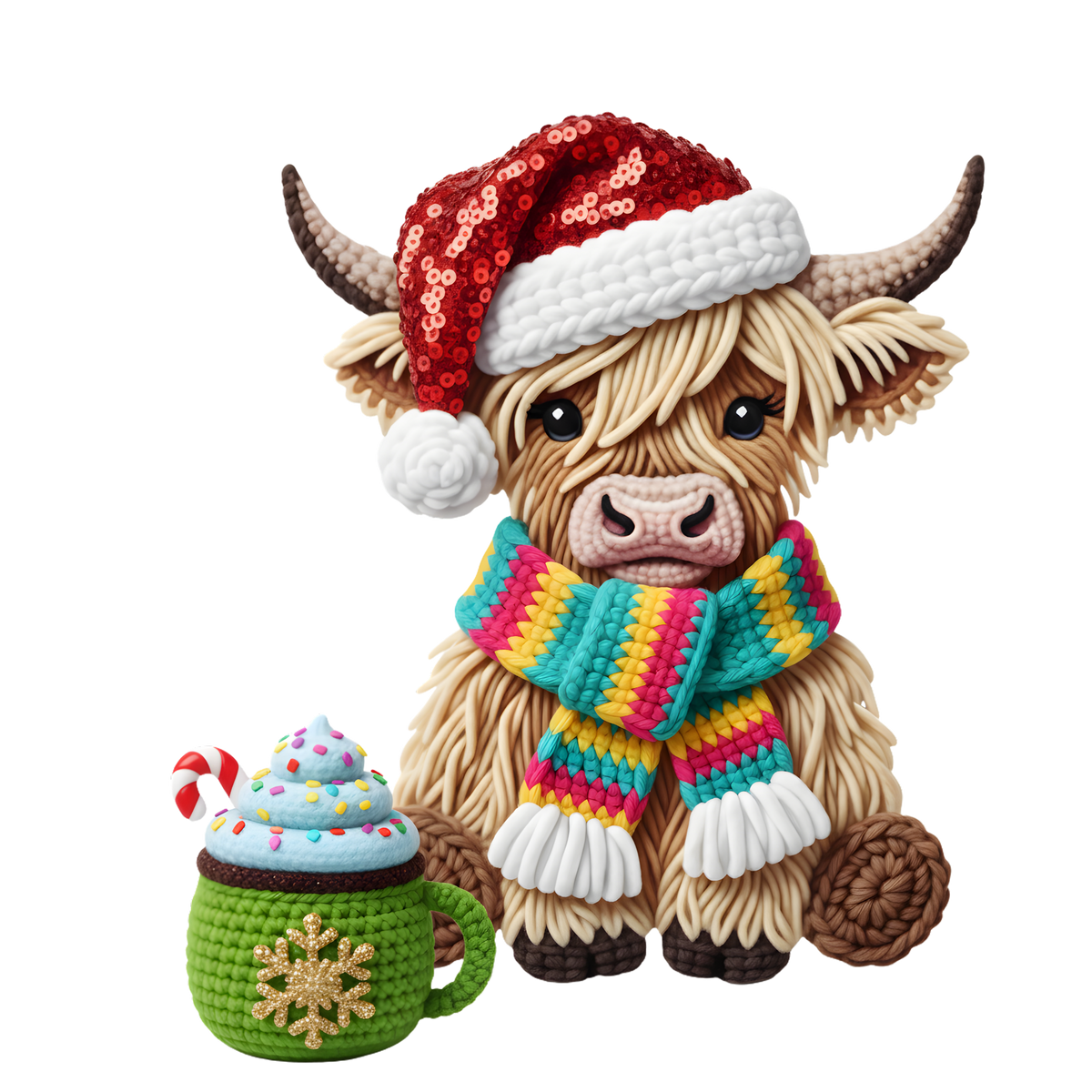 Christmas cocoa crochet-look character DTF transfer design XMAS1482-4. Flat printed textile transfer, not an actual toy or crochet item.