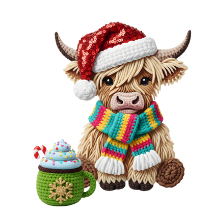 Christmas cocoa crochet-look character DTF transfer design XMAS1482-4. Flat printed textile transfer, not an actual toy or crochet item.
