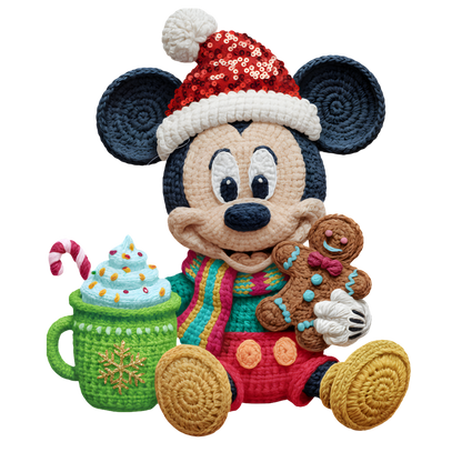 Christmas cocoa crochet-look character DTF transfer design XMAS1482-5. Flat printed textile transfer, not an actual toy or crochet item.