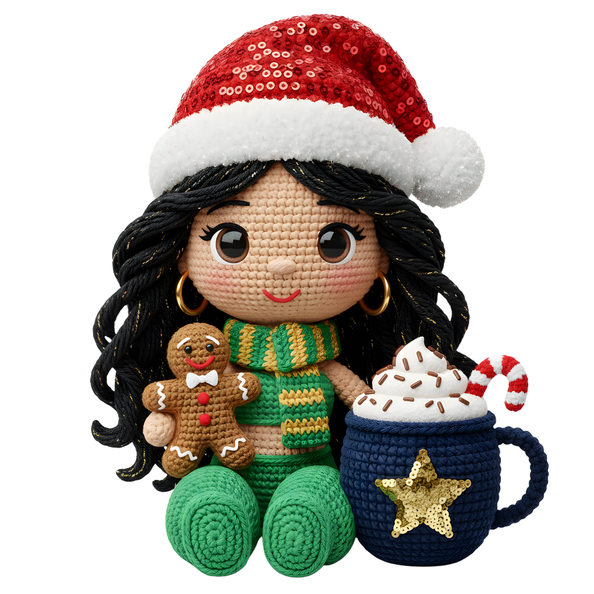 Christmas cocoa crochet-look character DTF transfer design XMAS1482-6. Flat printed textile transfer, not an actual toy or crochet item.