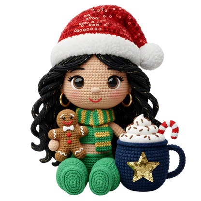 Christmas cocoa crochet-look character DTF transfer design XMAS1482-6. Flat printed textile transfer, not an actual toy or crochet item.