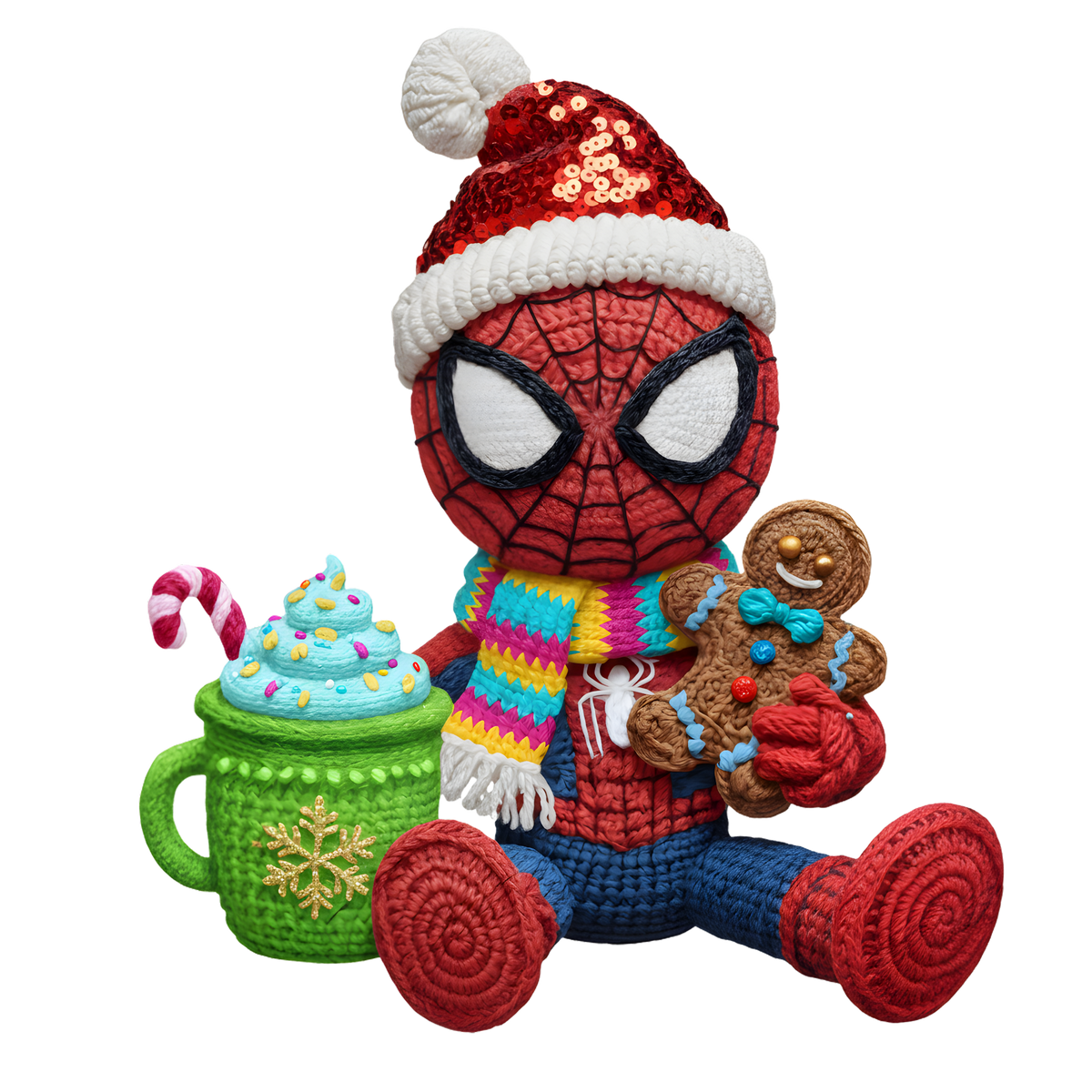 Christmas cocoa crochet-look character DTF transfer design XMAS1482-7. Flat printed textile transfer, not an actual toy or crochet item.