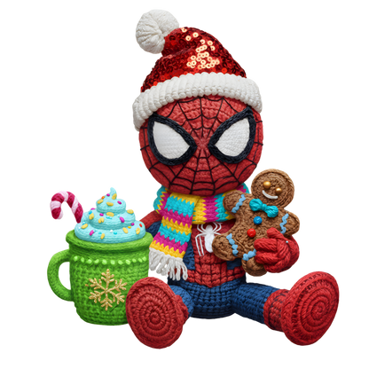 Christmas cocoa crochet-look character DTF transfer design XMAS1482-7. Flat printed textile transfer, not an actual toy or crochet item.