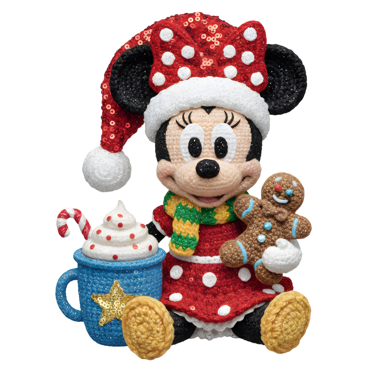 Christmas cocoa crochet-look character DTF transfer design XMAS1482-8. Flat printed textile transfer, not an actual toy or crochet item.