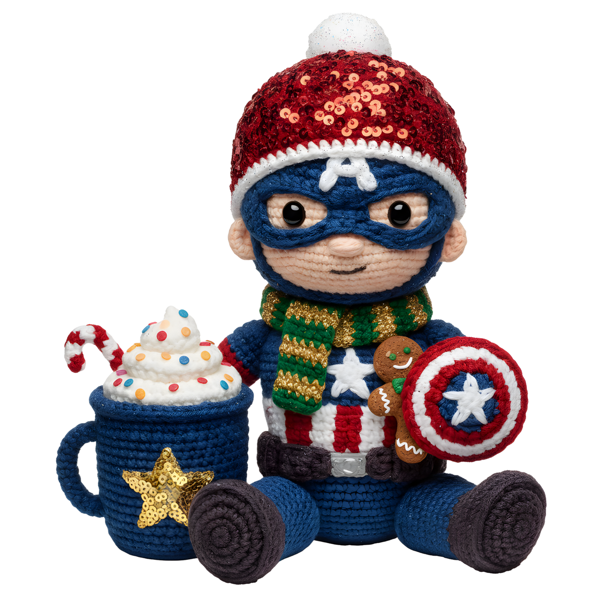 Christmas cocoa crochet-look character DTF transfer design XMAS1482-9. Flat printed textile transfer, not an actual toy or crochet item.