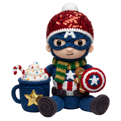 Christmas cocoa crochet-look character DTF transfer design XMAS1482-9. Flat printed textile transfer, not an actual toy or crochet item.