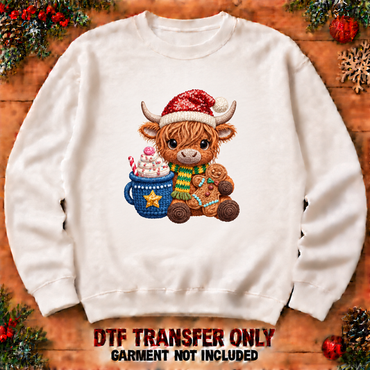Highland cow with cocoa and gingerbread DTF transfer XMAS1482-3 shown at12-inch longest side on sweatshirt. Flat printed texture; garment not included.