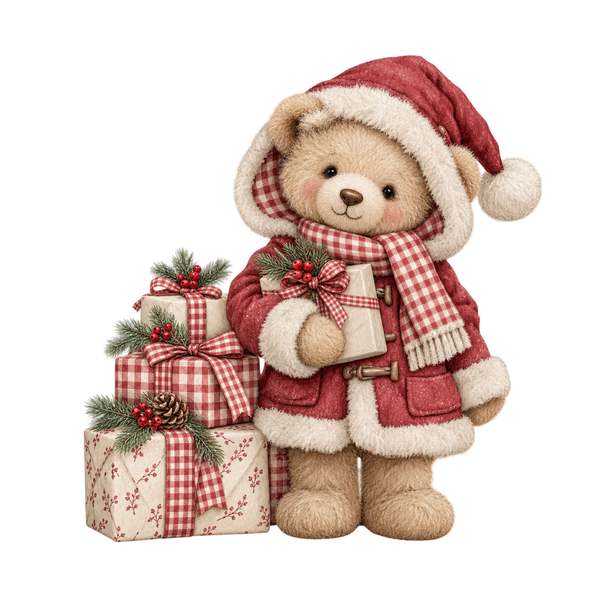 Red gingham watercolor Christmas DTF transfer design XMAS1487-2. Physical textile transfer only.