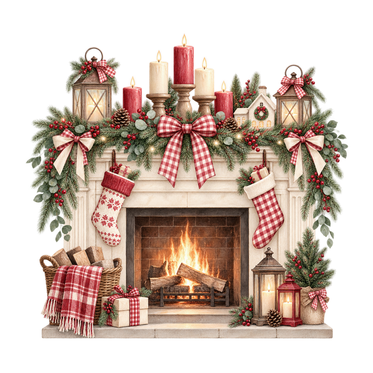 Red gingham watercolor Christmas DTF transfer design XMAS1487-26. Physical textile transfer only.