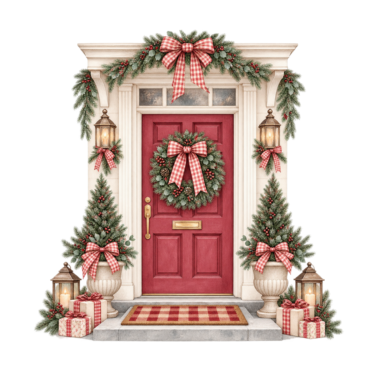 Red gingham watercolor Christmas DTF transfer design XMAS1487-28. Physical textile transfer only.