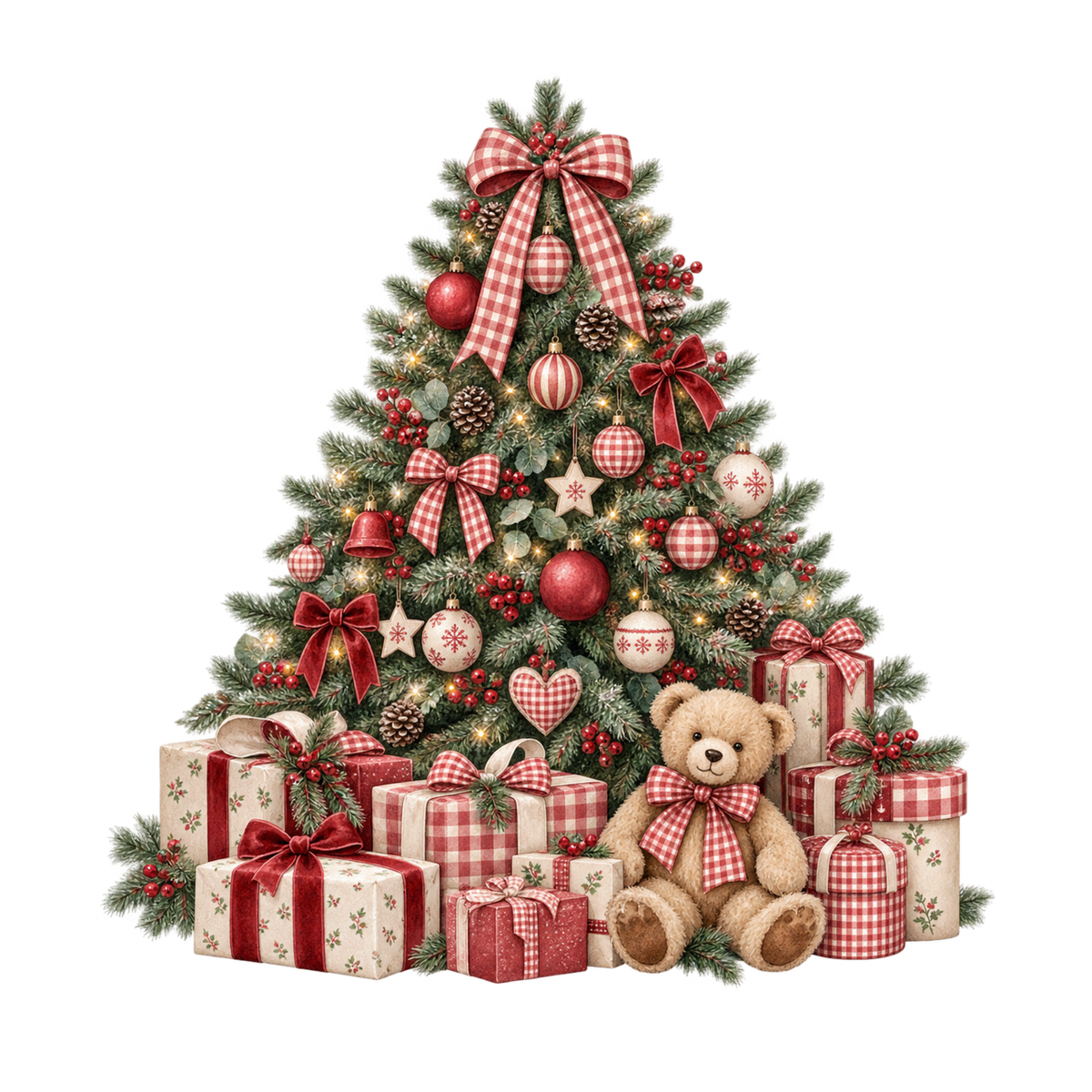 Red gingham watercolor Christmas DTF transfer design XMAS1487-3. Physical textile transfer only.