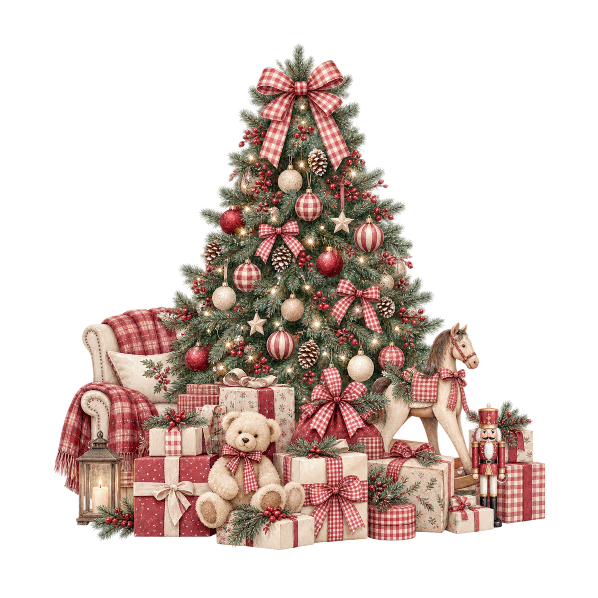Red gingham watercolor Christmas DTF transfer design XMAS1487-33. Physical textile transfer only.