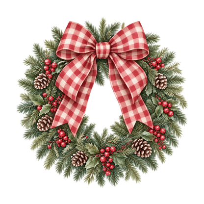 Red gingham watercolor Christmas DTF transfer design XMAS1487-42. Physical textile transfer only.