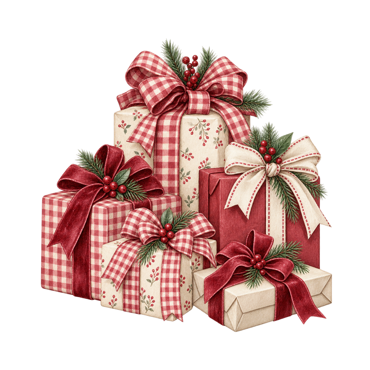 Red gingham watercolor Christmas DTF transfer design XMAS1487-45. Physical textile transfer only.