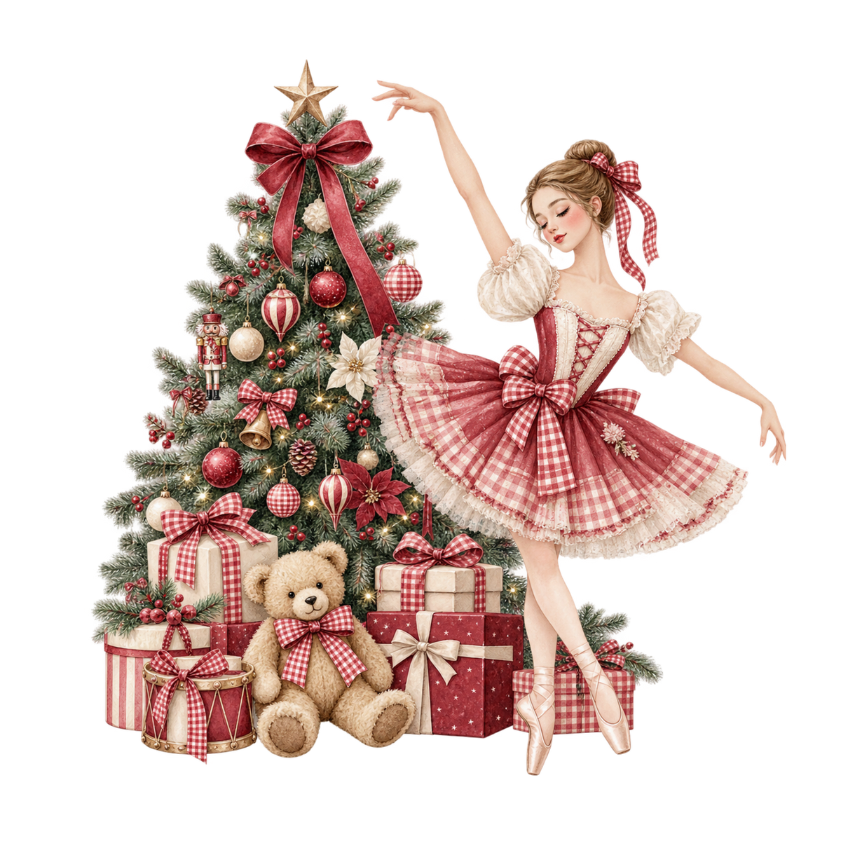 Red gingham watercolor Christmas DTF transfer design XMAS1487-47. Physical textile transfer only.