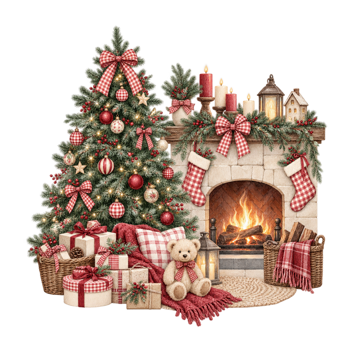 Red gingham watercolor Christmas DTF transfer design XMAS1487-48. Physical textile transfer only.