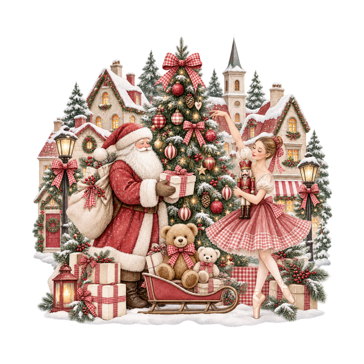 Red gingham watercolor Christmas DTF transfer design XMAS1487-50. Physical textile transfer only.