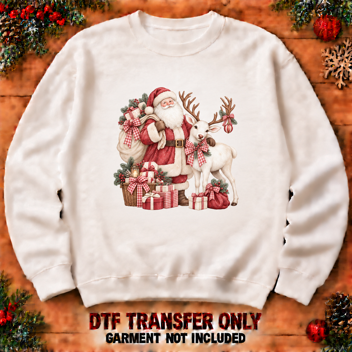 Red gingham watercolor Santa and white deer DTF transfer XMAS1487-46 shown at12-inch longest side on sweatshirt. Garment not included.
