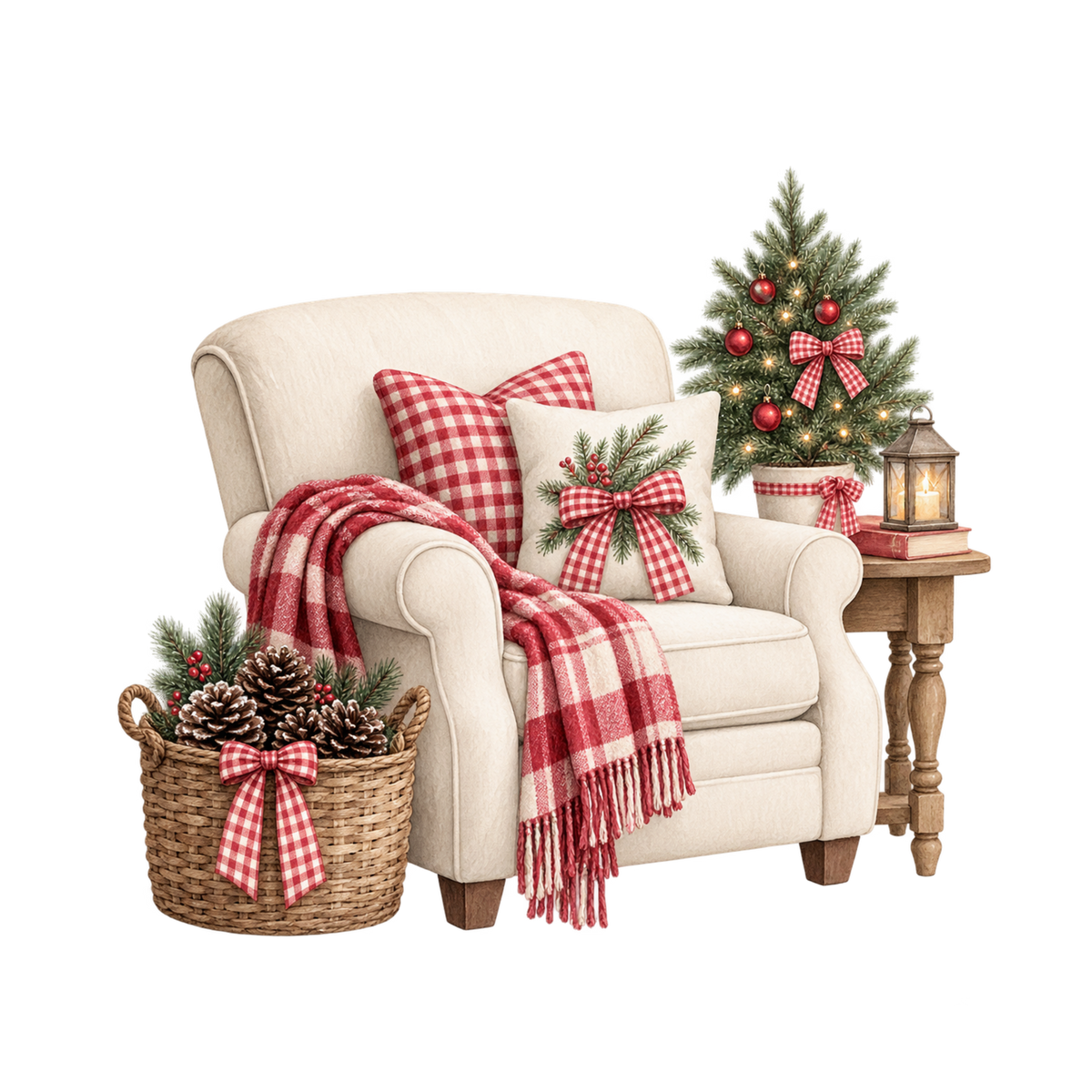 Red gingham Christmas watercolor DTF transfer, pattern XMAS1488-26