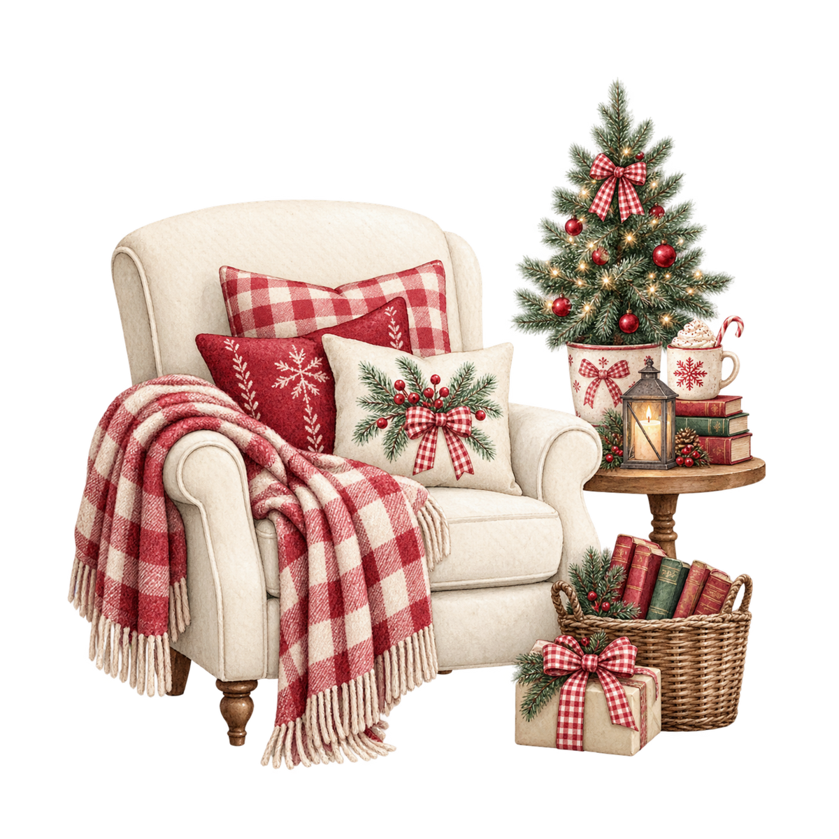 Red gingham Christmas watercolor DTF transfer, pattern XMAS1488-49