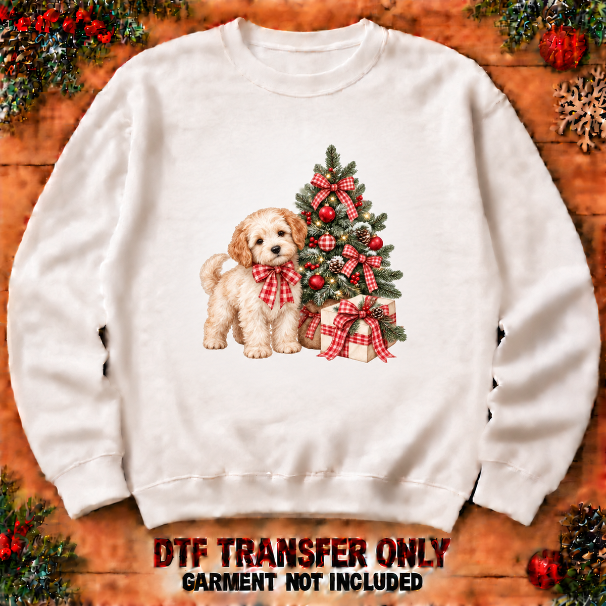 Christmas puppy and tree DTF transfer shown at 12-inch longest-side scale; garment not included