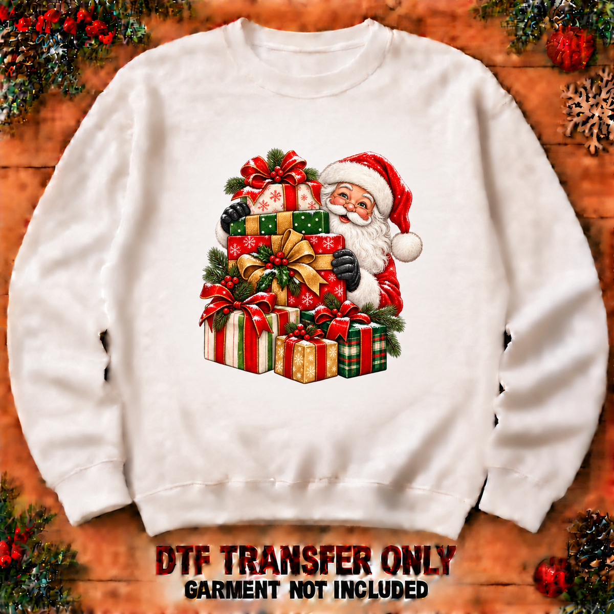 Santa and Christmas gift stack DTF transfer shown at 12-inch longest-side scale; garment not included