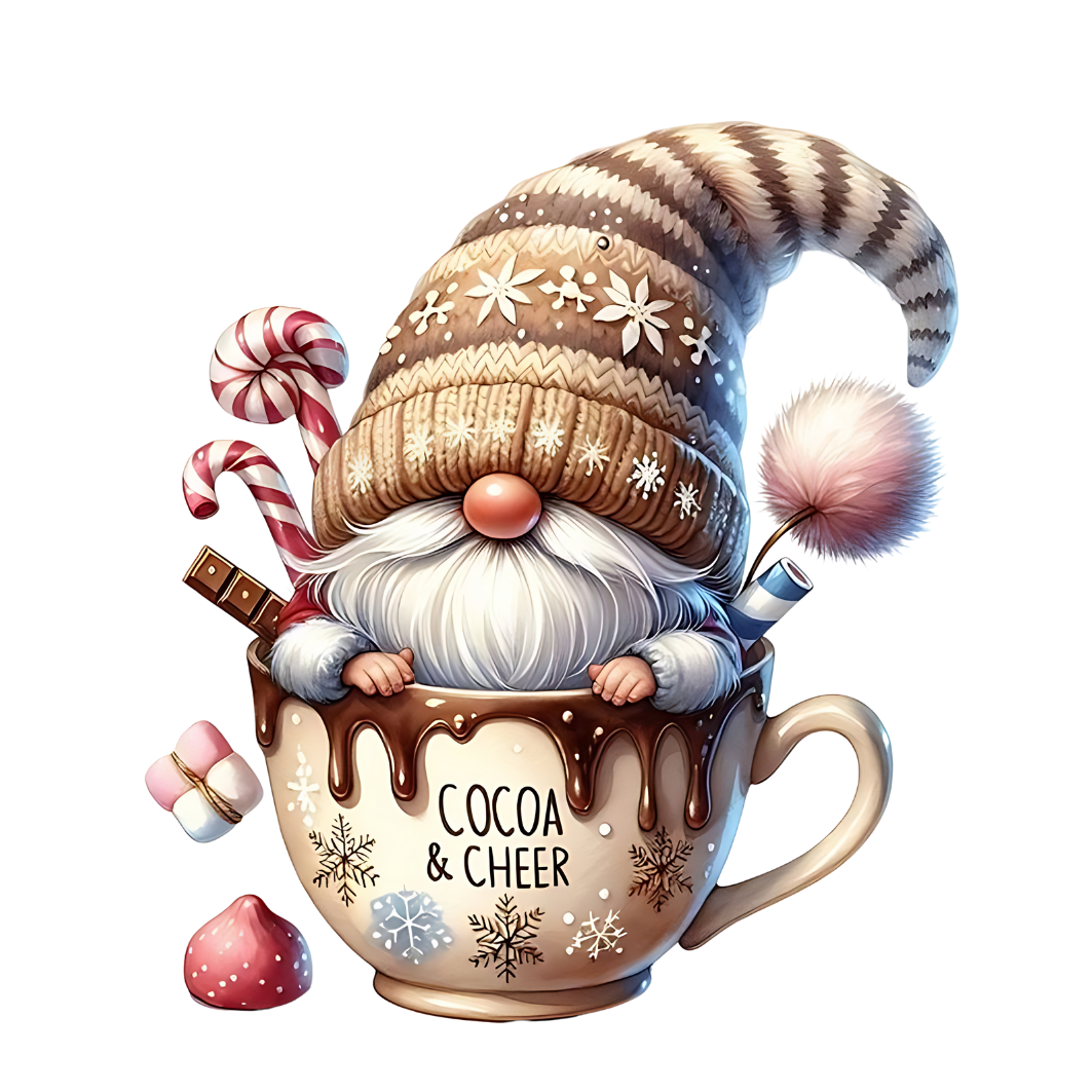 Cozy cocoa Christmas gnome DTF transfer, pattern XMAS1490-1