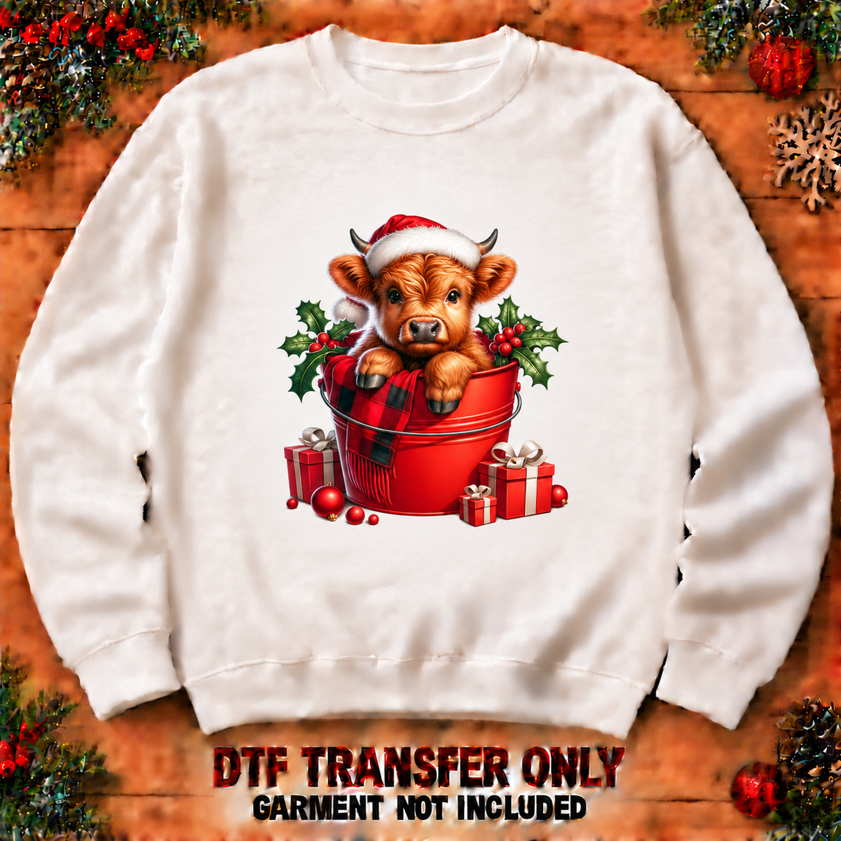 Christmas highland calf in red bucket DTF transfer shown at 12-inch longest-side scale; garment not included