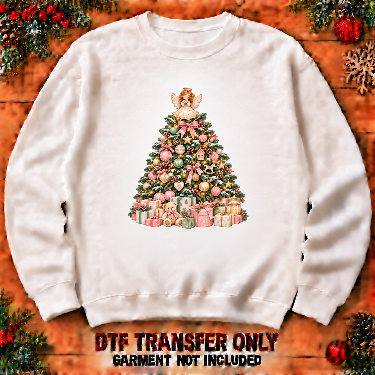 Pastel Christmas tree DTF transfer shown at 12-inch longest-side scale; garment not included