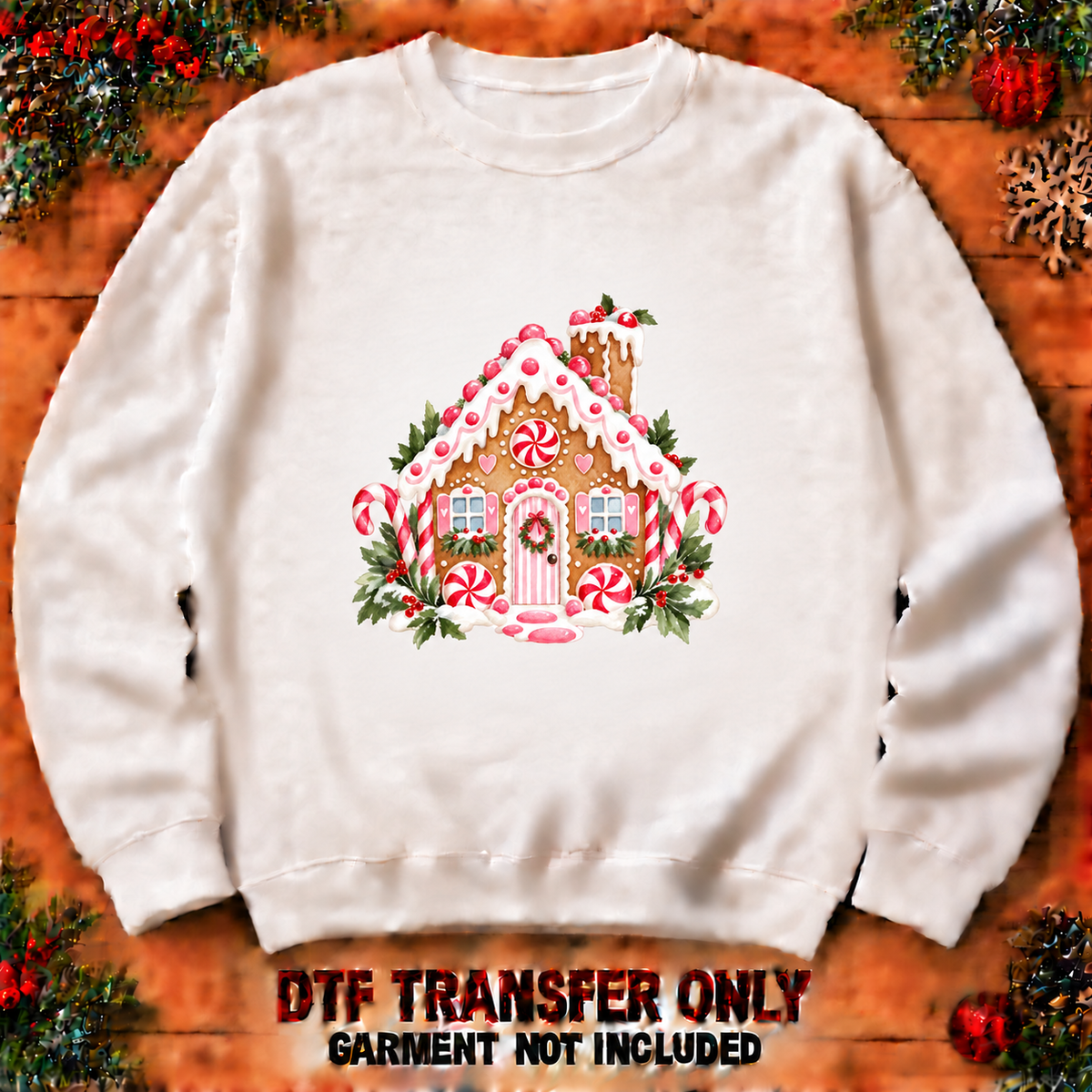 Pink gingerbread house DTF transfer shown at 12-inch longest-side scale; garment not included