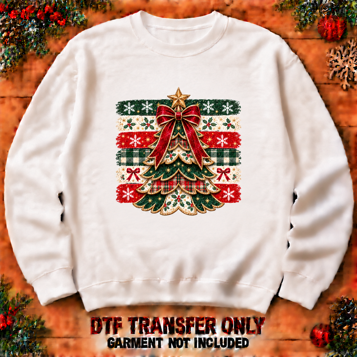 Patchwork-style Christmas tree DTF transfer shown at 12-inch longest-side scale; garment not included