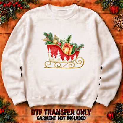 Watercolor Christmas sleigh DTF transfer shown at 12-inch longest-side scale; garment not included