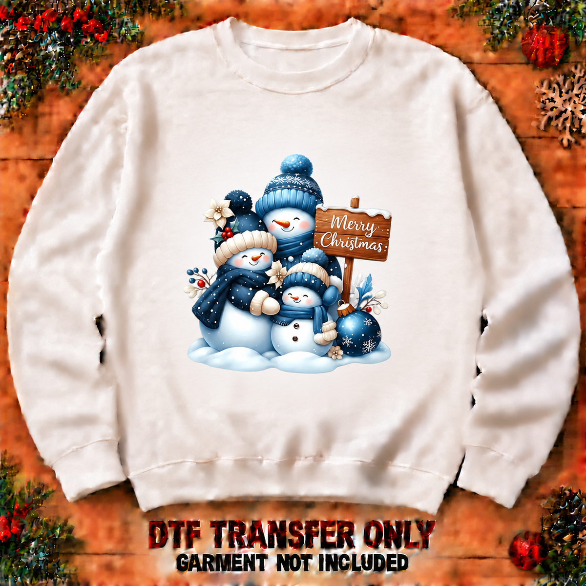 Blue snowman family DTF transfer shown at 12-inch longest-side scale; garment not included