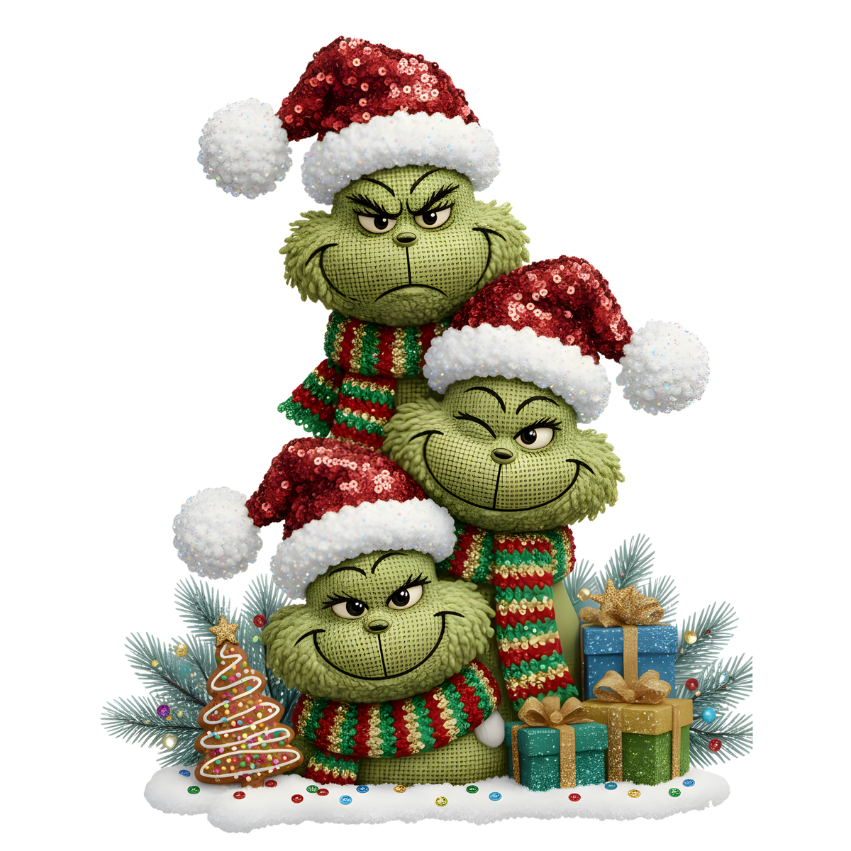 Crochet-look Christmas character lineup DTF transfer, pattern XMAS1498-2