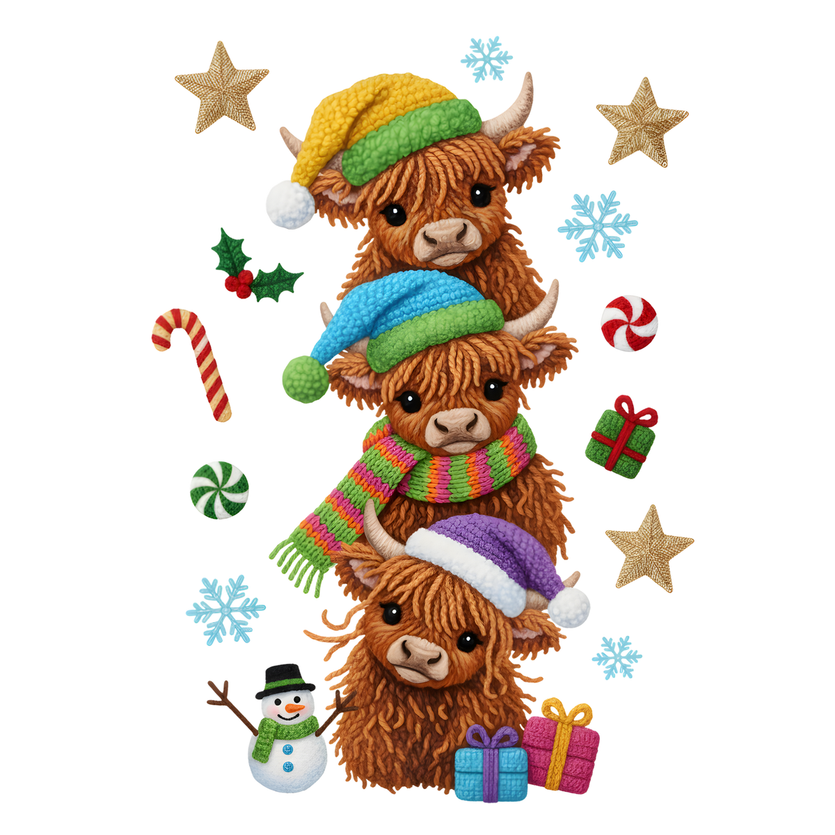 Crochet-look Christmas character lineup DTF transfer, pattern XMAS1498-3