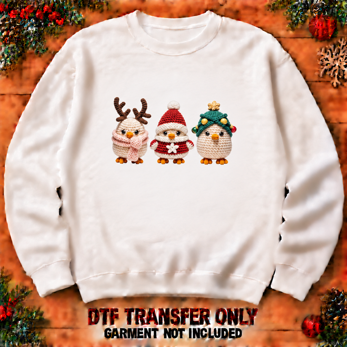 Three winter birds DTF transfer shown at 12-inch longest-side scale; garment not included
