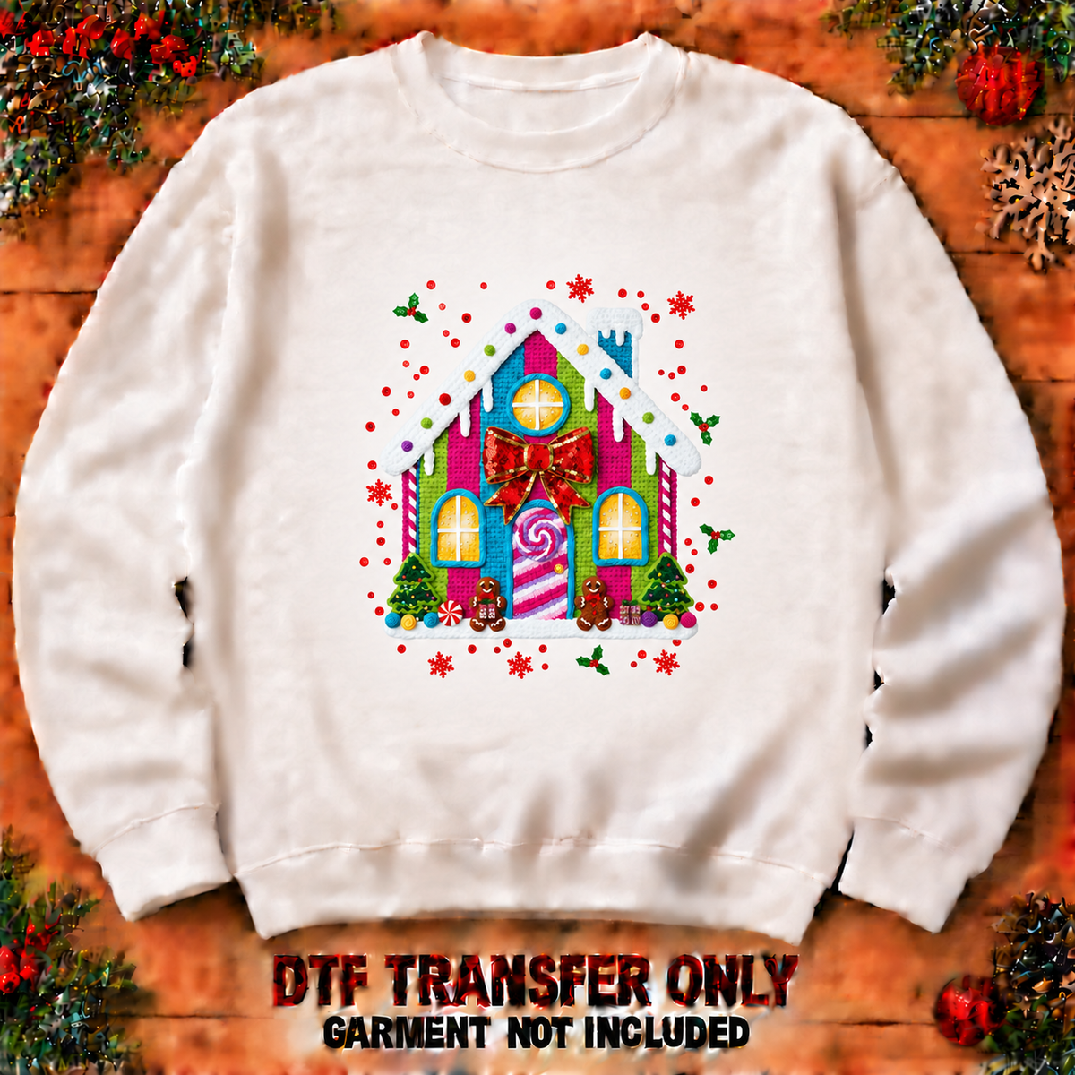 Crochet-look gingerbread house DTF transfer shown at 12-inch longest-side scale; garment not included