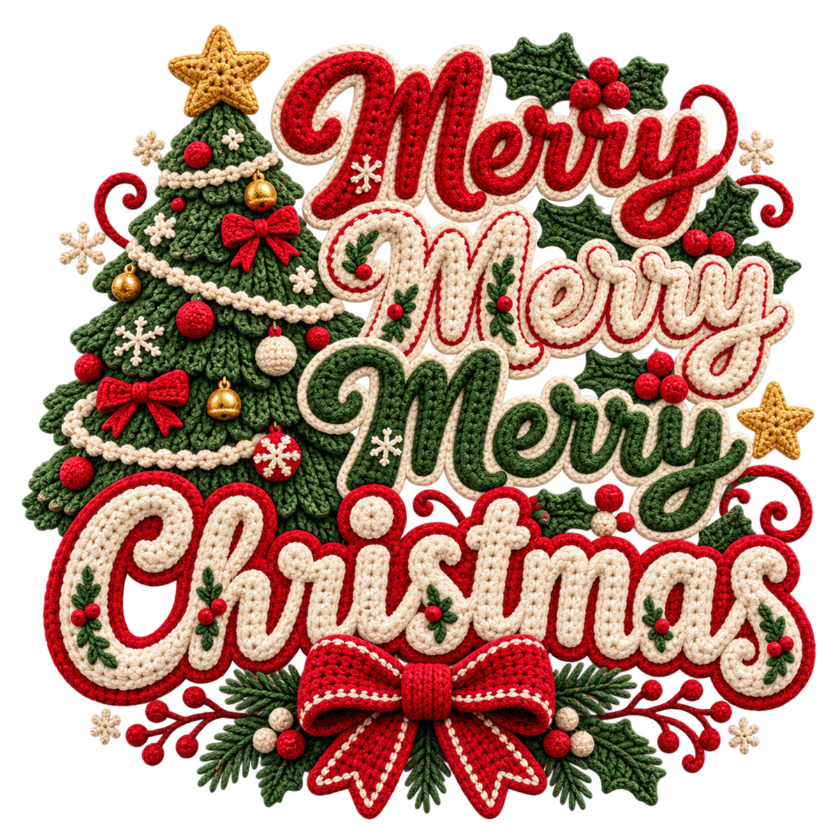 Crochet-look Christmas illustrated greeting DTF transfer, pattern XMAS1500-20