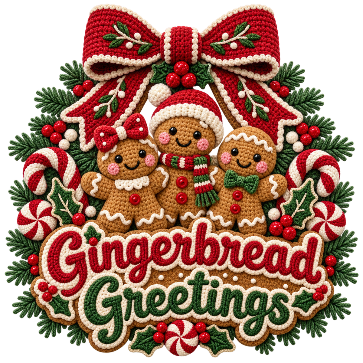 Crochet-look Christmas illustrated greeting DTF transfer, pattern XMAS1500-23