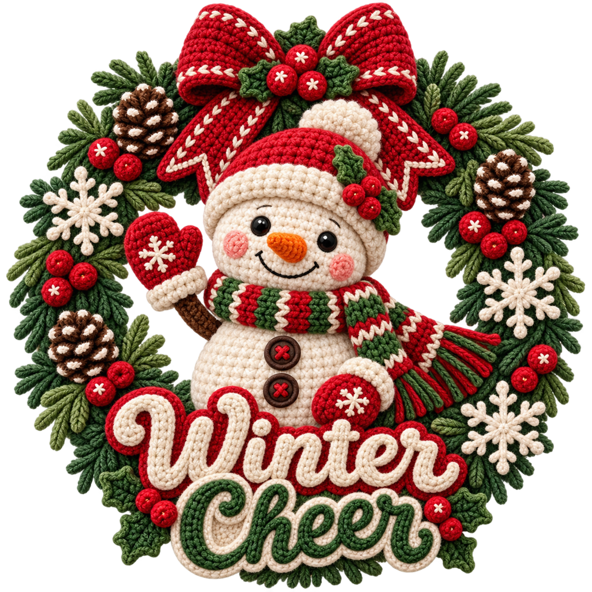Crochet-look Christmas illustrated greeting DTF transfer, pattern XMAS1500-26