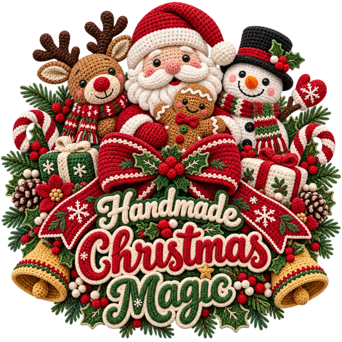 Crochet-look Christmas illustrated greeting DTF transfer, pattern XMAS1500-28