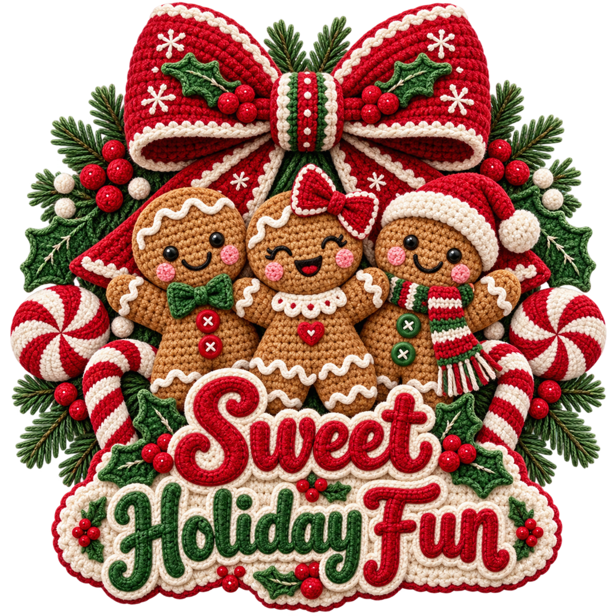 Crochet-look Christmas illustrated greeting DTF transfer, pattern XMAS1500-3
