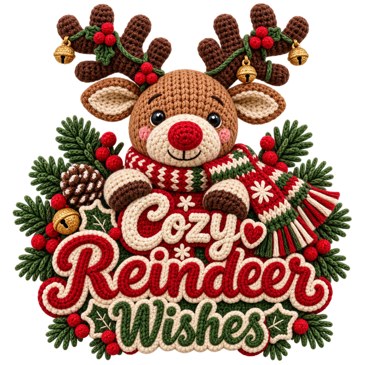 Crochet-look Christmas illustrated greeting DTF transfer, pattern XMAS1500-33