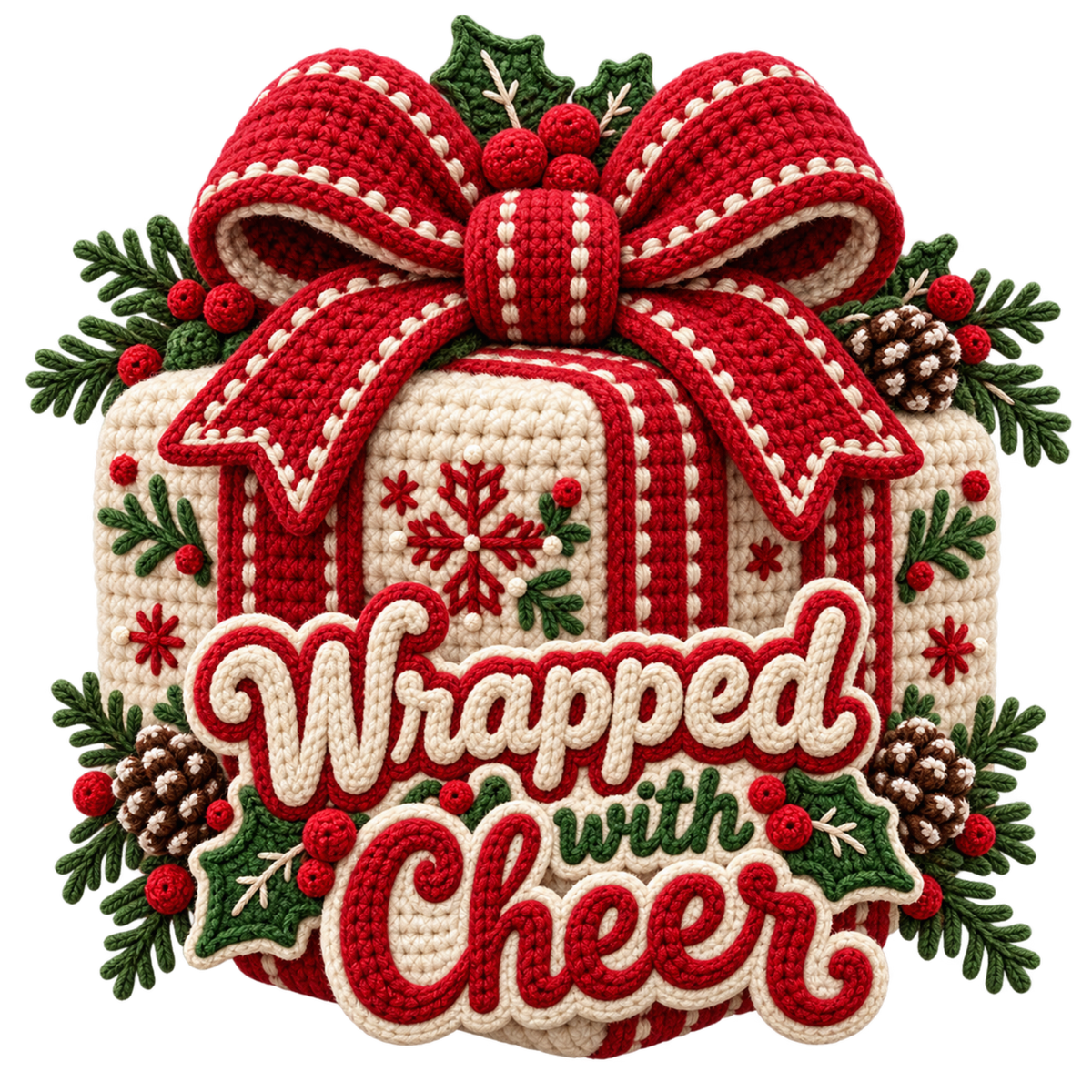 Crochet-look Christmas illustrated greeting DTF transfer, pattern XMAS1500-38